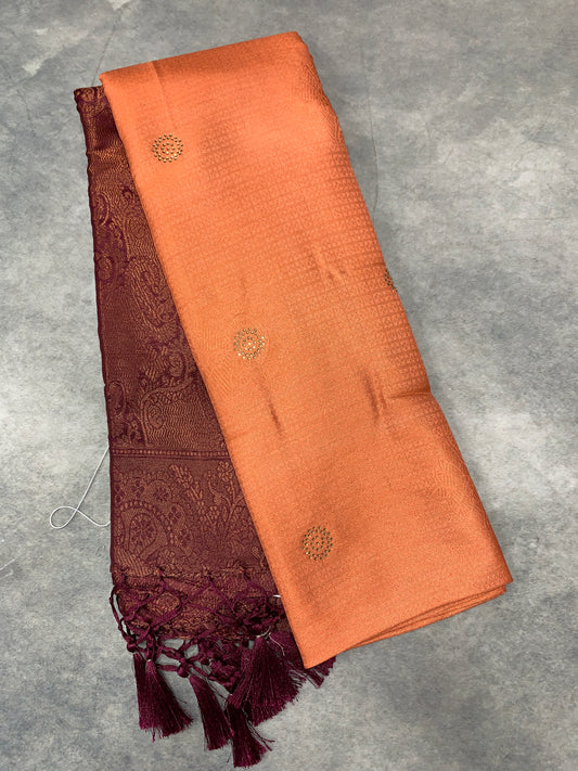 Soft Silk Saree Peach Colour and Stone Work with Brown Colour Pallu