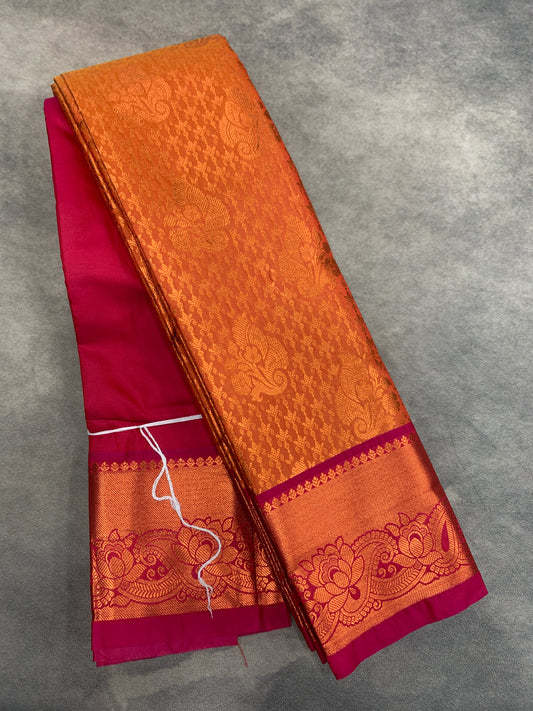 Vegan Silk Saree Golden Yellow Colour with Pink and Copper Border