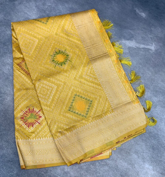 Banaras Soft Silk Saree Mustard Colour with Sliver Colour Floral Design Border