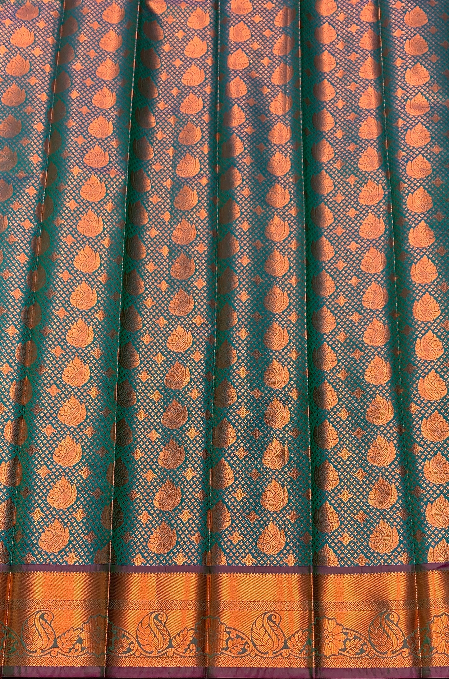 Vegan Silk Saree Peacock Green Colour with Pink and Copper Border