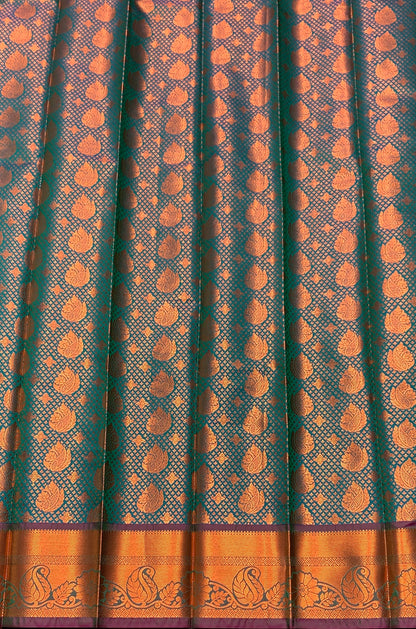 Vegan Silk Saree Peacock Green Colour with Pink and Copper Border
