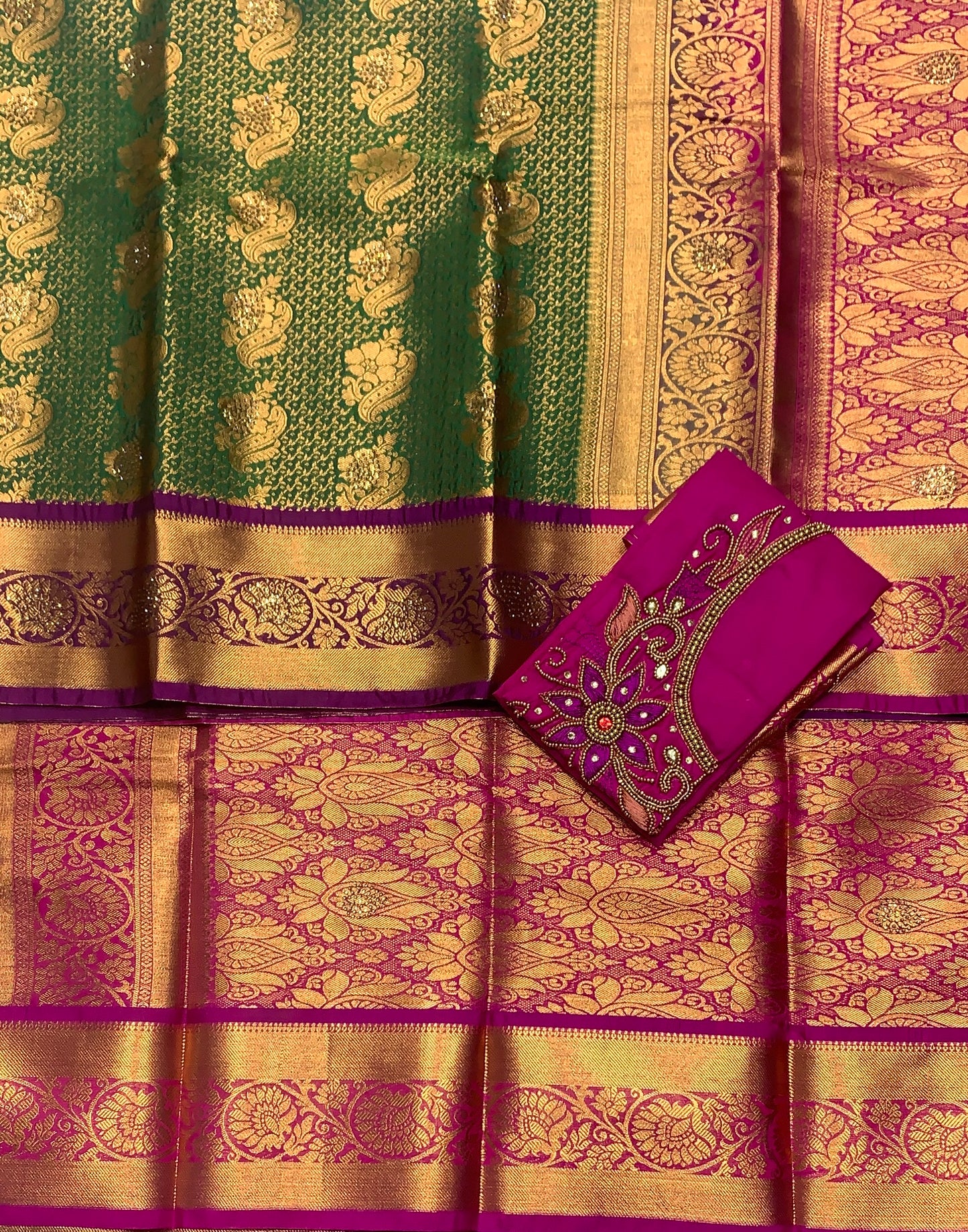 Bridal Vegan Silk Saree Green shade with Purple Border with Unstitched blouse in Aari Work