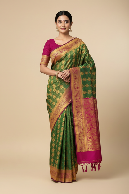 Bridal Vegan Silk Saree Green shade with Purple Border with Unstitched blouse in Aari Work