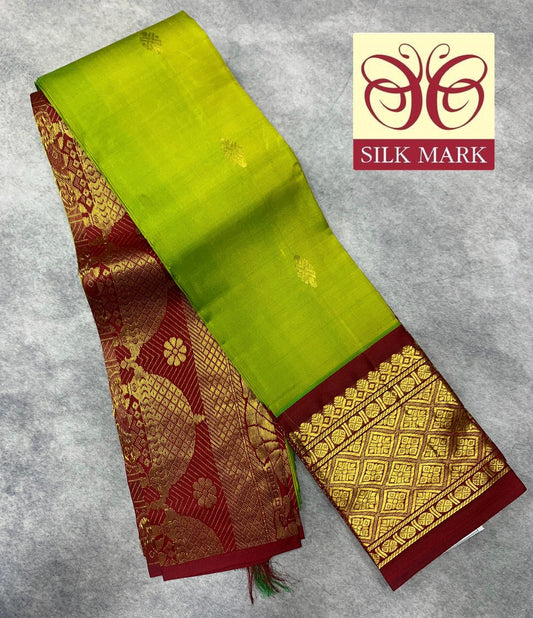Pure Kanchipuram Silk Saree Olive Green Colour with Maroon and Gold Zari Border
