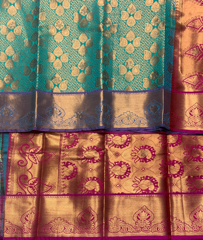 Vegan Silk Saree Green Colour with Copper and Magenta Border