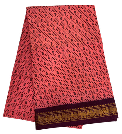 Chettinad Sungudi Cotton Peach Pink Colour with Brown Border