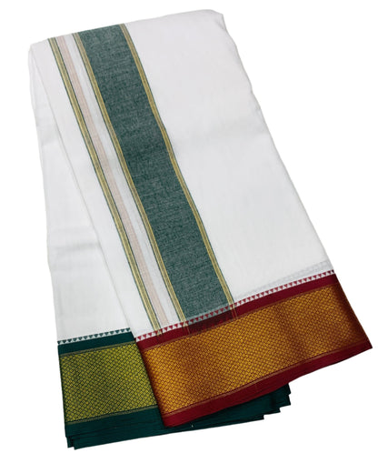 10X6 Cotton Dhoti White Colour with Large Maroon and Green Border