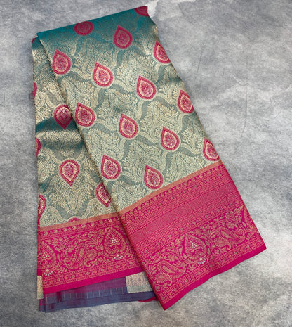 Fancy Tissue Saree Gray Colour with Pink Border