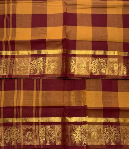 Chettinad Cotton Saree Mustard and Brown Colour with Checked Design