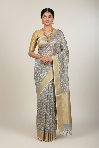 Banaras Katan Saree Gray Colour with Katan Work Border