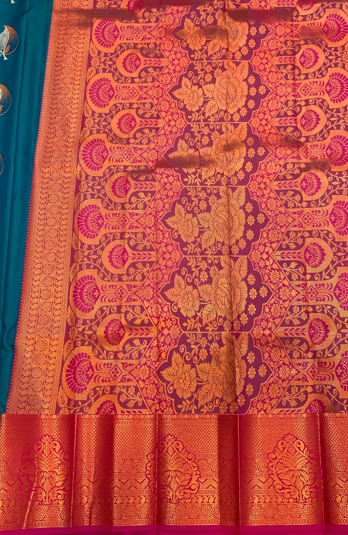 Soft Silk Casual Saree Peacock Blue with Magenta Colour Border