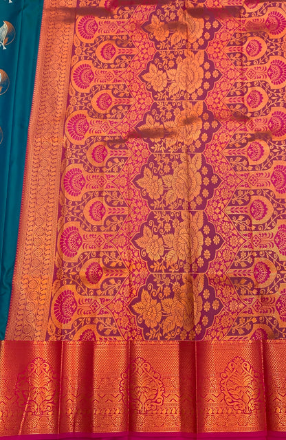 Soft Silk Casual Saree Peacock Blue with Magenta Colour Border