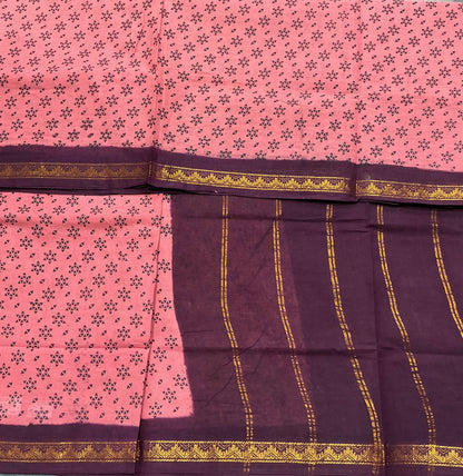 Chettinad Sungudi Cotton Peach Colour with Brown Colour Border