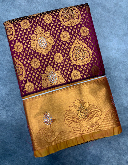 Vegan Silk Saree Maroon Colour with Copper and Golden Yellow Border
