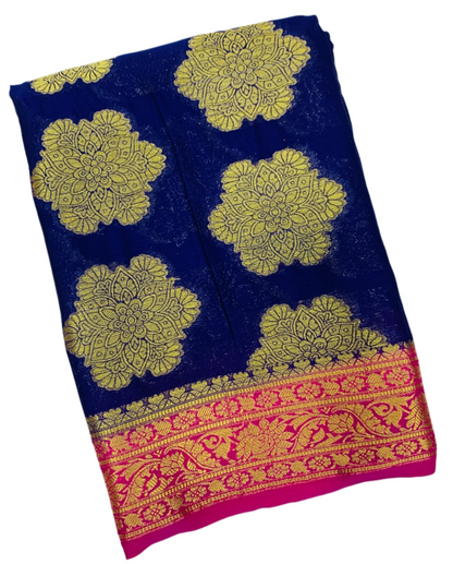 Crepe Saree Navy Blue Colour with Pink Border