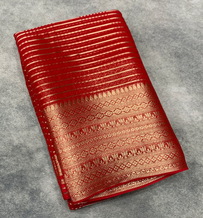 Georgette Saree Red Colour with Sliver Floral Design Border