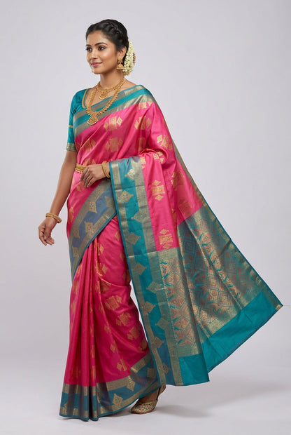 Soft Silk Casual Saree Tomato Pink Colour with Rettai Rama Green Colour Border