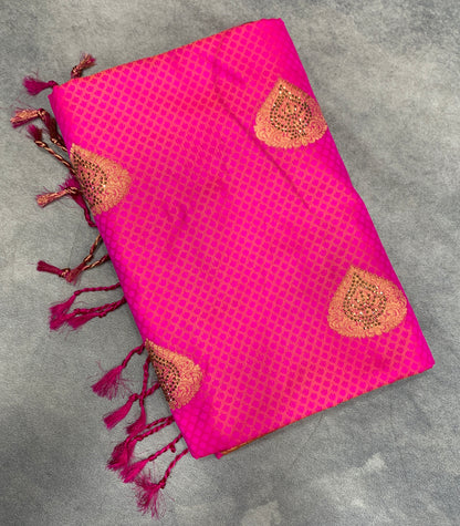 Soft Vegan Silk Saree Rani Pink Colour with Pink and Copper Border