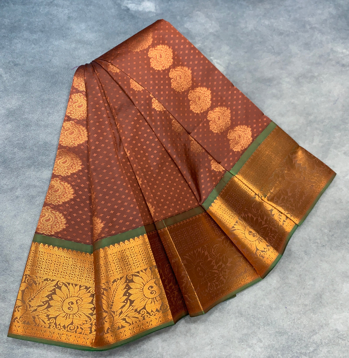 Vegan Silk Saree Chocolate Brown Colour Saree with Copper Border
