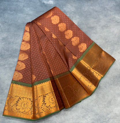 Vegan Silk Saree Chocolate Brown Colour Saree with Copper Border