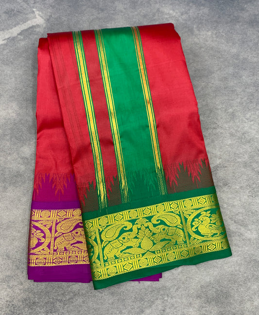 Art Silk Dhothi 9X5 Red Colour with Green and Magenta Colour Ganga Jamuna Border