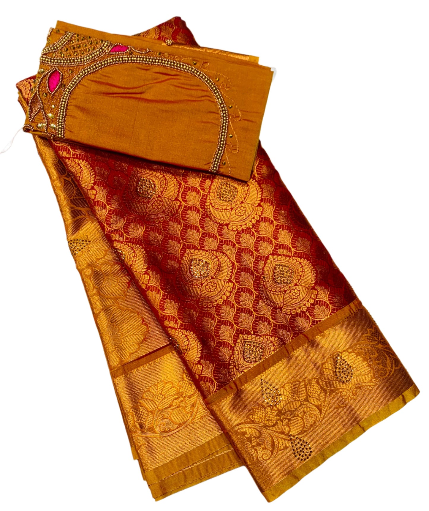 Bridal Vegan Silk Saree Maroon shade with Mustard Border with Unstitched blouse in Aari work