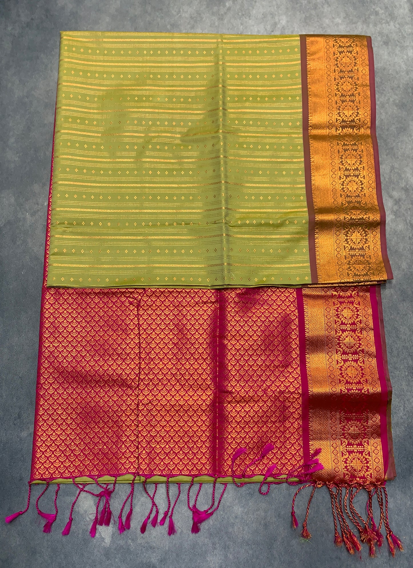 Soft Vegan Silk Saree Pista Green Colour with Pink and Copper Border