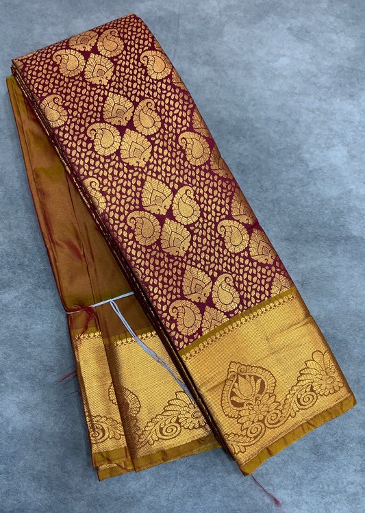 Vegan Silk Saree Maroon Colour with Golden Yellow and Copper Border