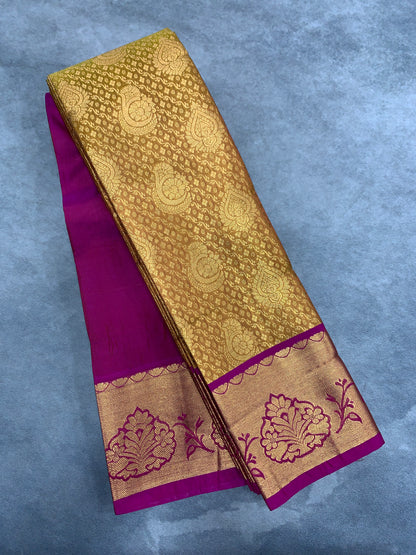 Vegan Silk Saree Golden Yellow Colour with Pink and Copper Border