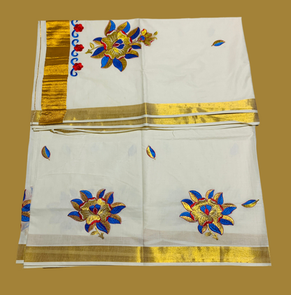 Kerala Cotton Saree Cream Colour with Floral Work Design