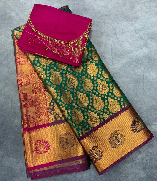 Bridal Vegan Silk Saree Green shade with Pink Border with Unstitched blouse in Aari Work