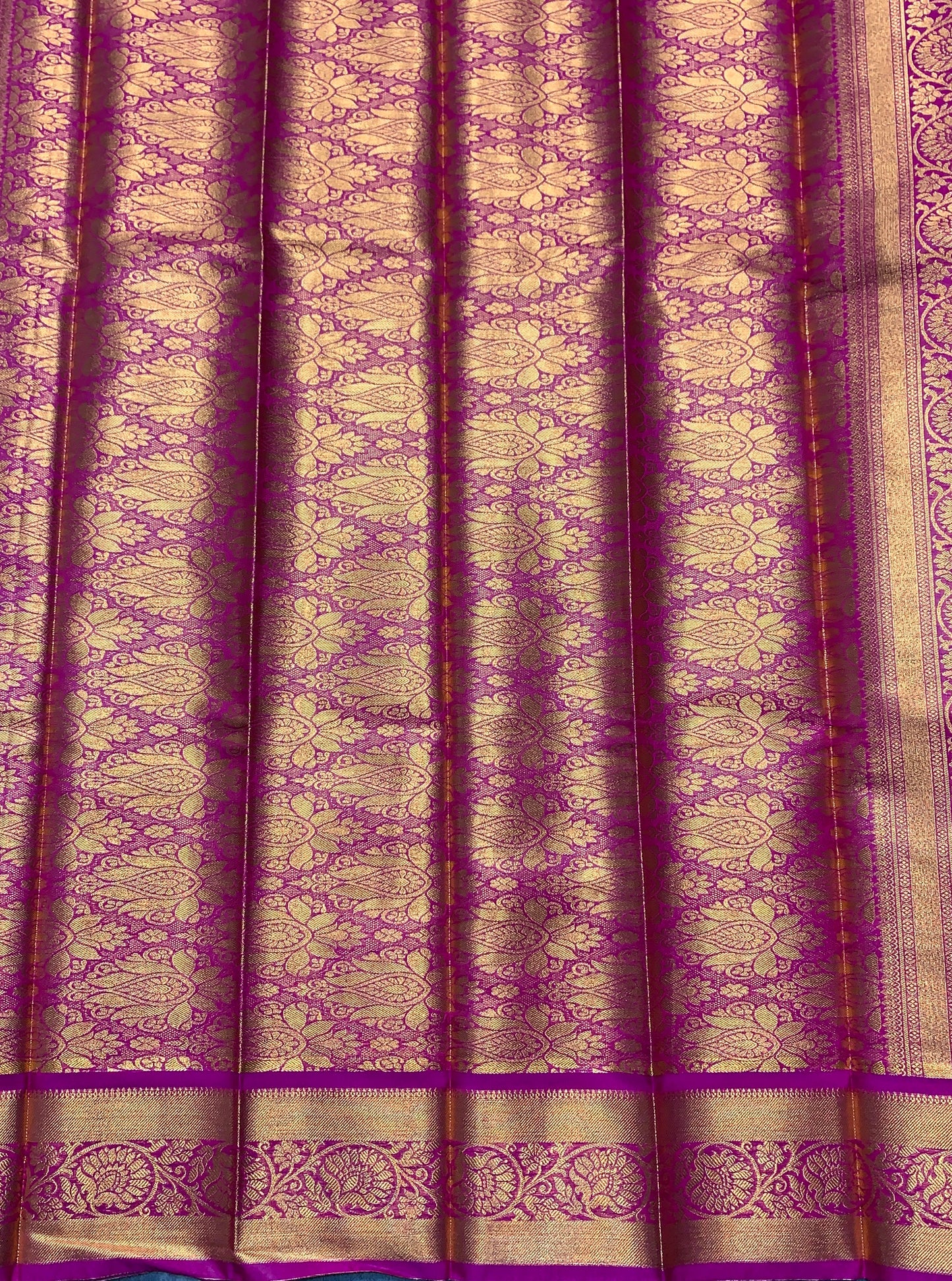 Vegan Silk Saree Peacock Blue Colour with Copper and Magenta Border