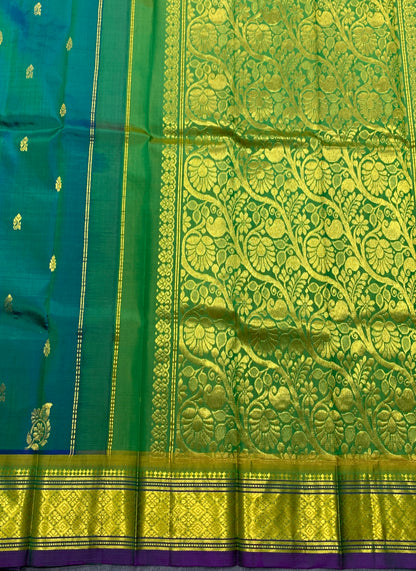 Pure Kanchipuram Silk Saree Green Colour with Purple and Gold Zari Border