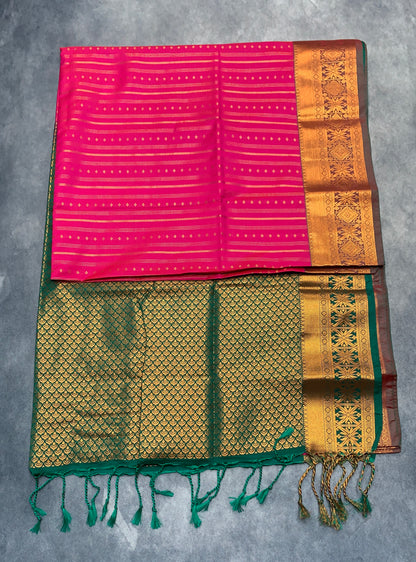Soft Vegan Silk Saree Pink Colour with Light Green and Copper Border
