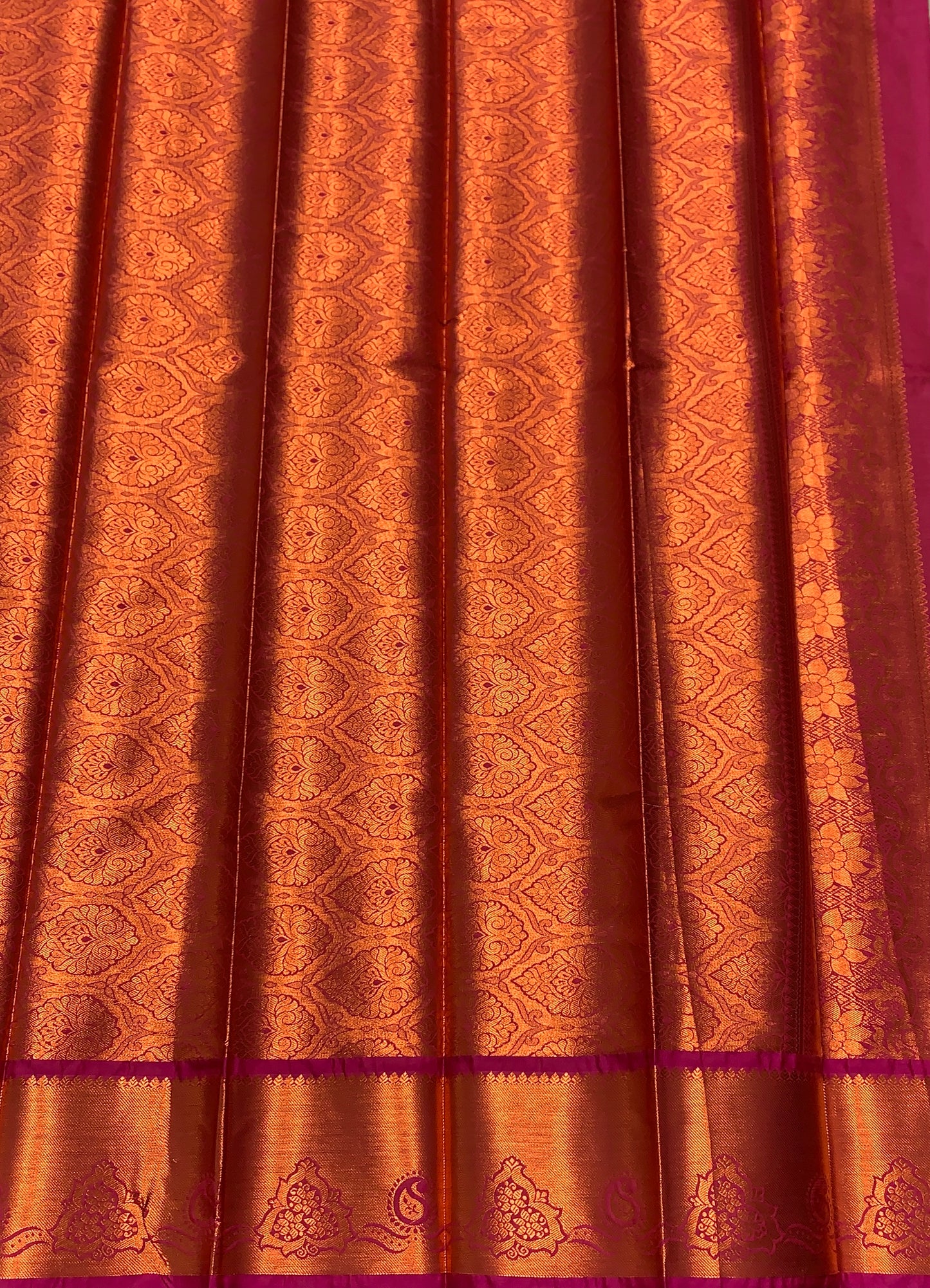 Vegan Silk Saree Golden Yellow Colour with Pink and Copper Border