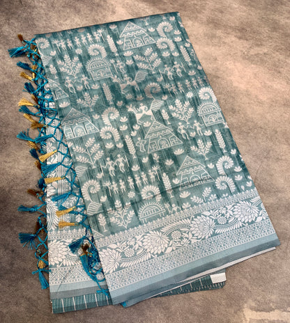 Banaras Katan Saree Gray Blue Colour with Katan Work Border