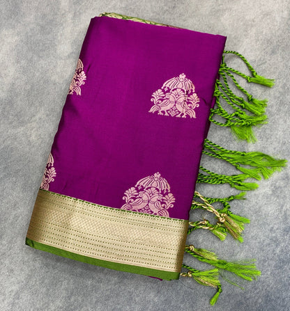 Art Silk Saree Magenta Colour with Olive Green Colour Border