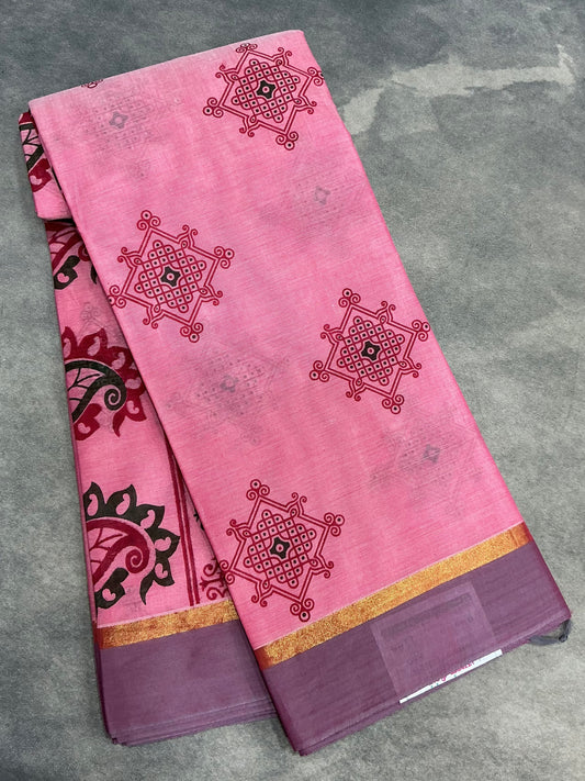 Chettinad Sungudi Cotton Light Pink Colour with Onion Pink Colour Border