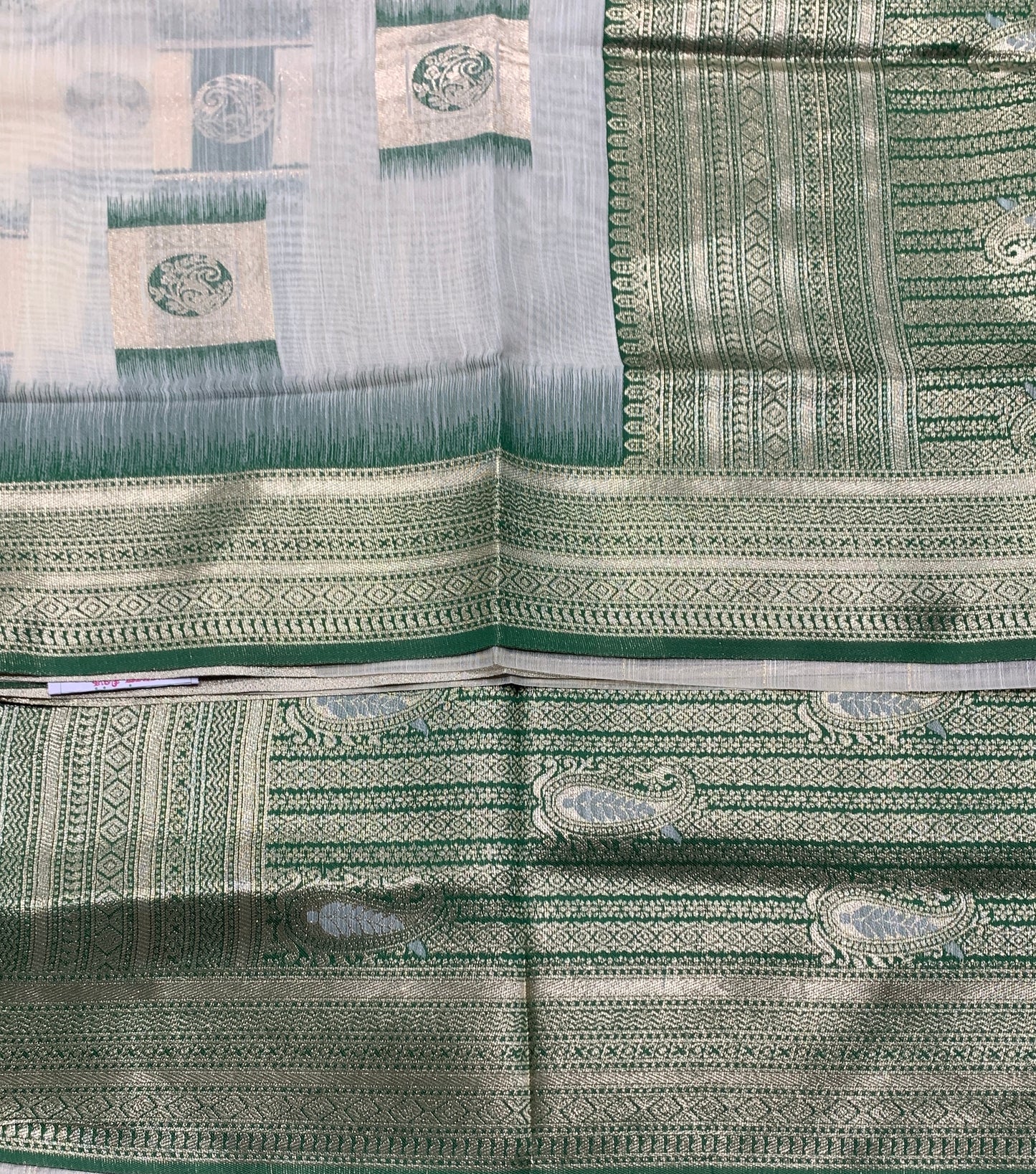Banaras Katan Saree Off White Colour with Green Katan Work Border
