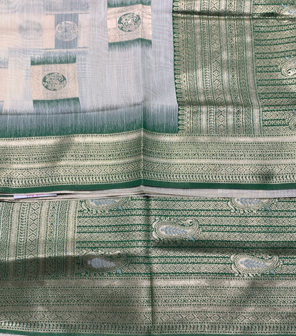 Banaras Katan Saree Off White Colour with Green Katan Work Border