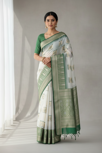 Banaras Katan Saree Off White Colour with Green Katan Work Border
