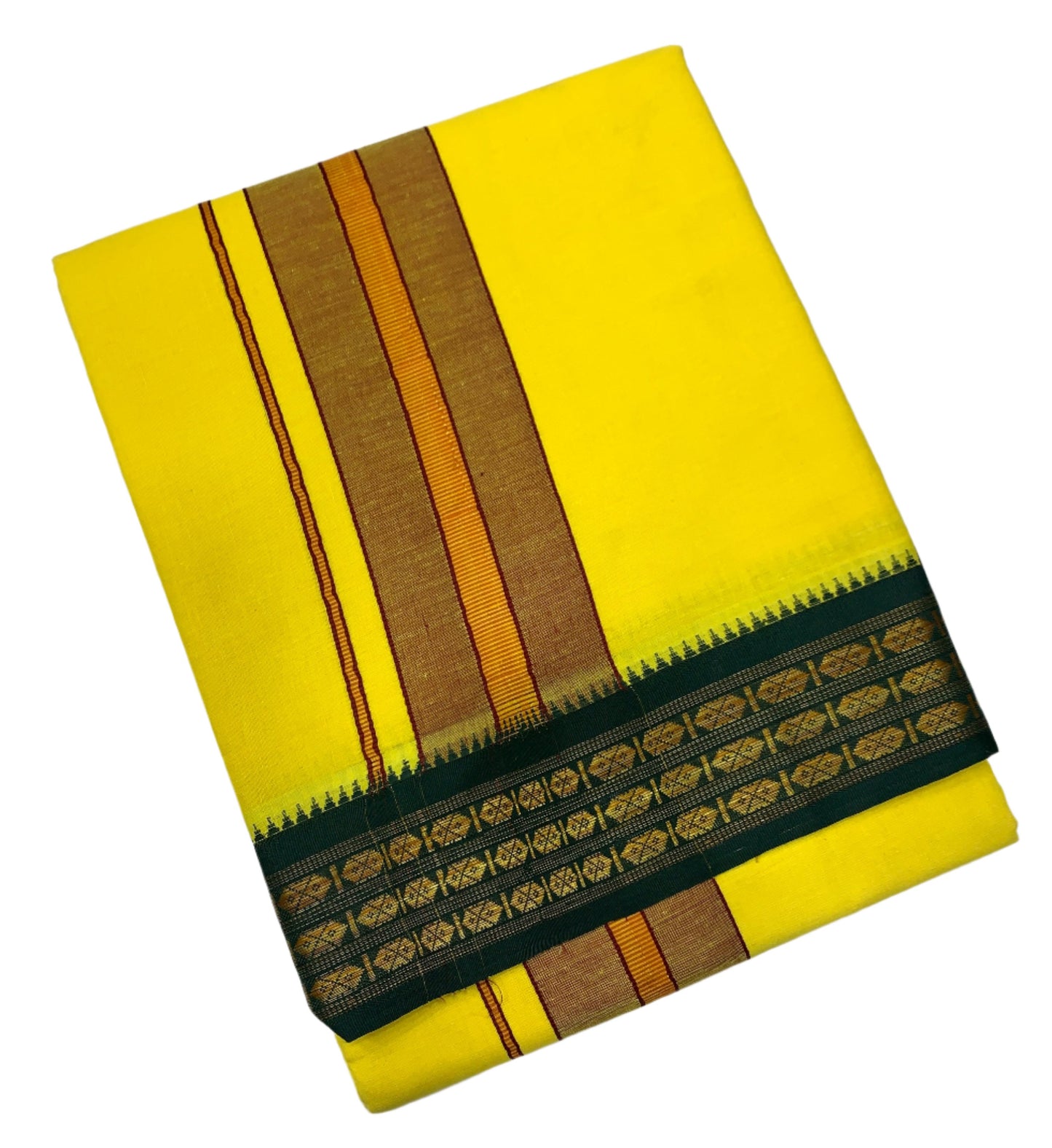 9X5 Cotton Dhoti Yellow Colour with Green and Maroon Border