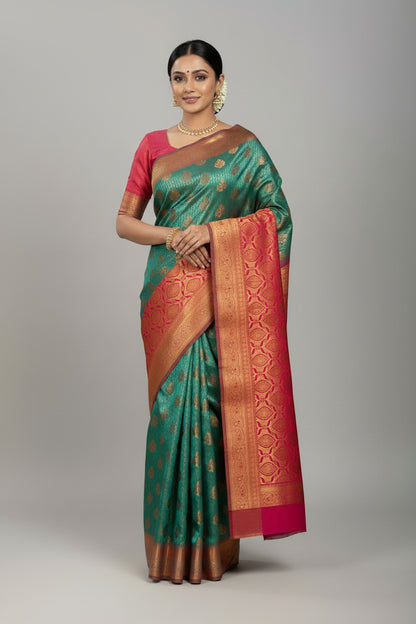 Vegan Silk Saree Light Green Colour with Pink and Copper Border