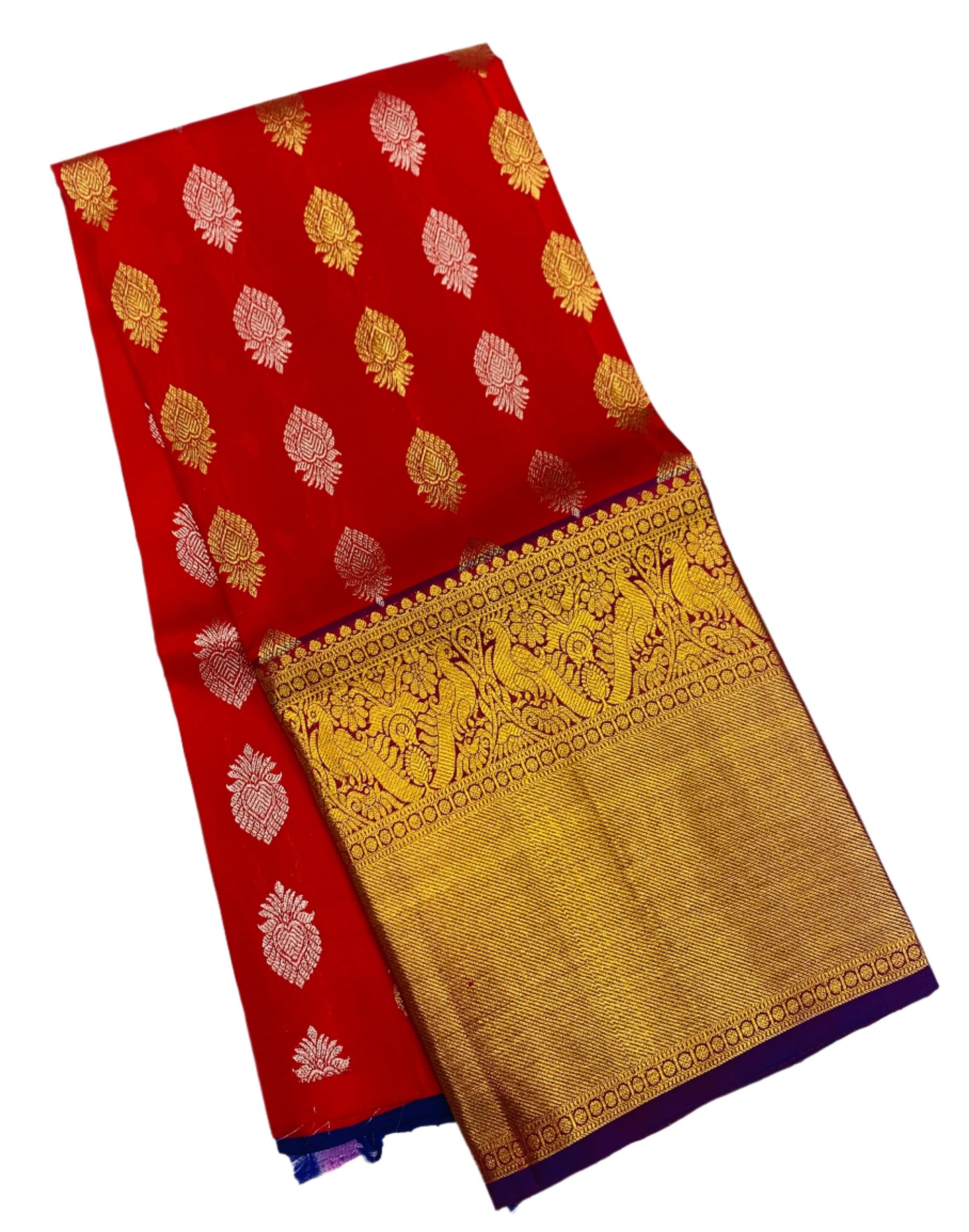 Red shade Pure Kanchipuram Kids Pattu Pavadai with contrast border for age 5 to 10