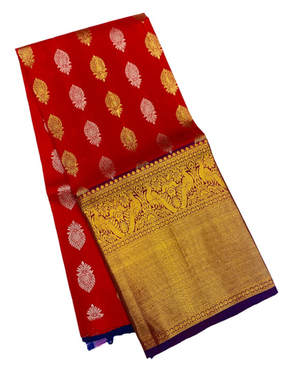 Red shade Pure Kanchipuram Kids Pattu Pavadai with contrast border for age 5 to 10