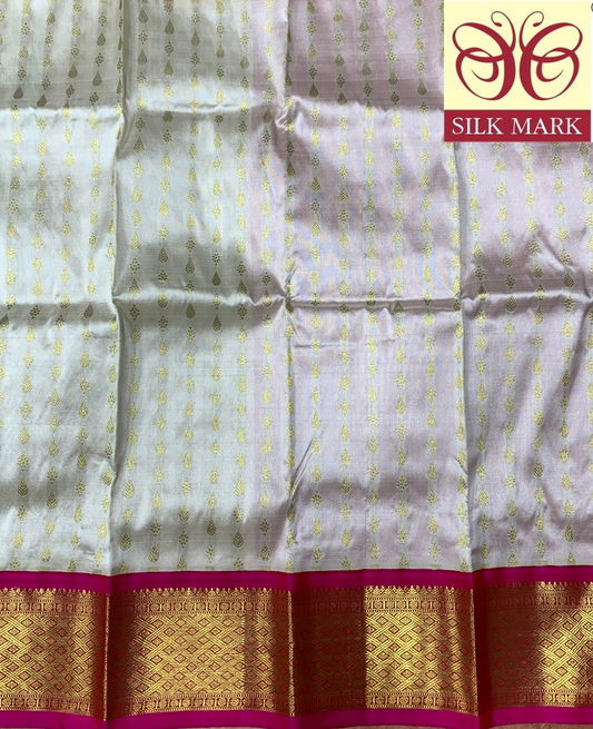 White Shade Pure kanchipuram Kids Pattu Pavadai with Contrast border for Newborn to 2 Years