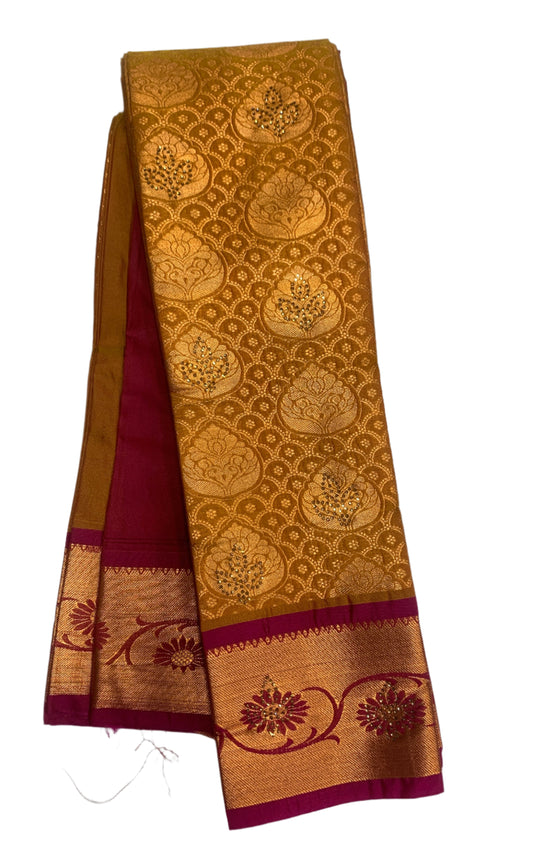 Vegan Silk Saree Mustard Colour with Copper and Pink Border