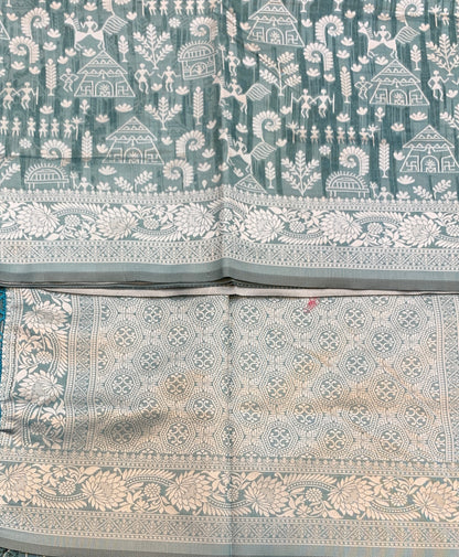 Banaras Katan Saree Gray Blue Colour with Katan Work Border