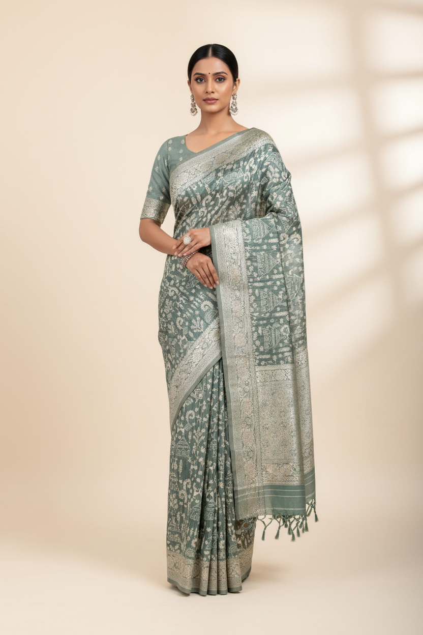 Banaras Katan Saree Gray Blue Colour with Katan Work Border