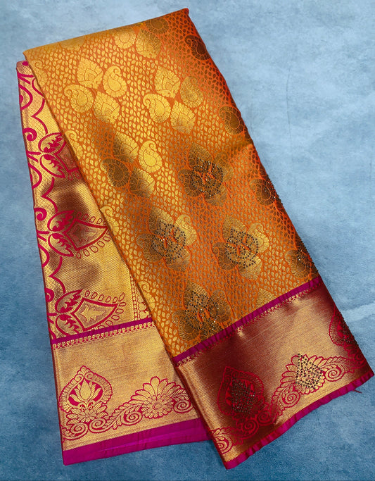 Vegan Silk Saree Mango Yellow Colour with Copper and Pink Border